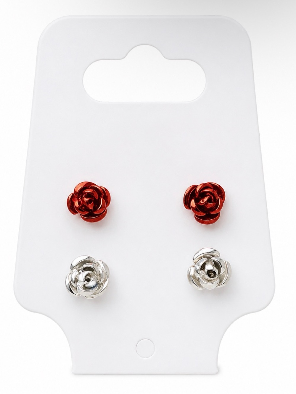 Red & Silver Rose Stud Earring Set - NEW